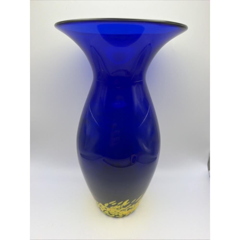 Sasaki Crystal Cobalt Blue Yellow Art Glass Vase Handcrafted 13" Japan